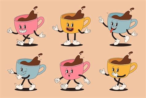 Premium Vector Retro Cartoon Coffee Cup Character Set Mug Mascot In