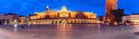 Krakow Market Square In The Night Lights At Sunrise Stock Image
