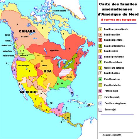 Les familles amérindiennes en Amérique du Nord carte