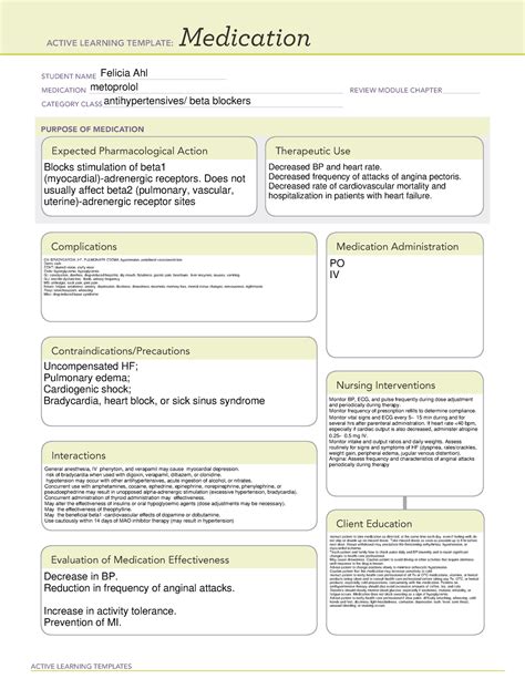 Metoprolol Drug Cards Active Learning Templates Medication Student