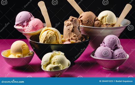 A Variety Of Ice Cream Flavors In Bowls Stock Illustration