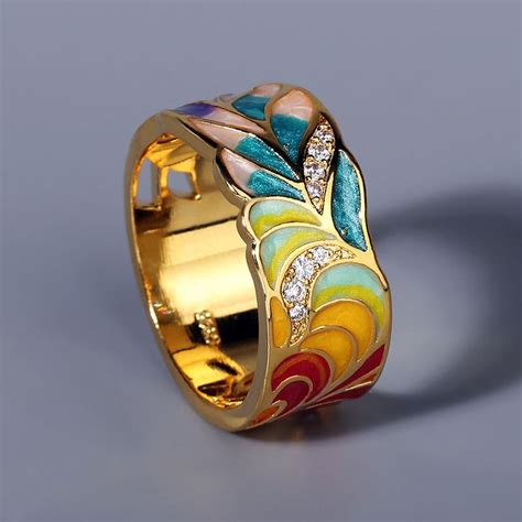 Handmade Buoyant Feather Enamel Golden Color Silver Ring Fashion