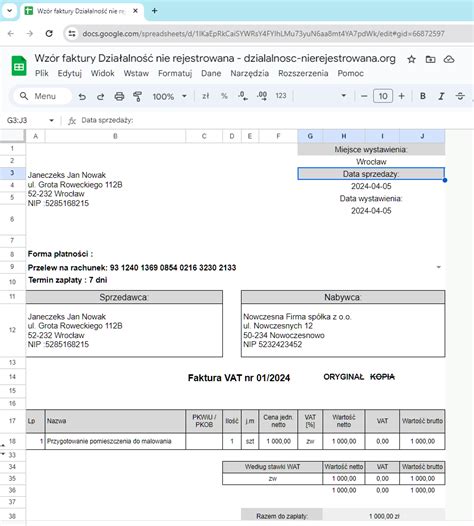Działalność nierejestrowana faktura wzór do pobrania gotowy