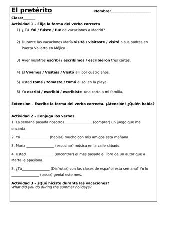 El Pretérito Preterit Tense Practice Worksheet Teaching Resources