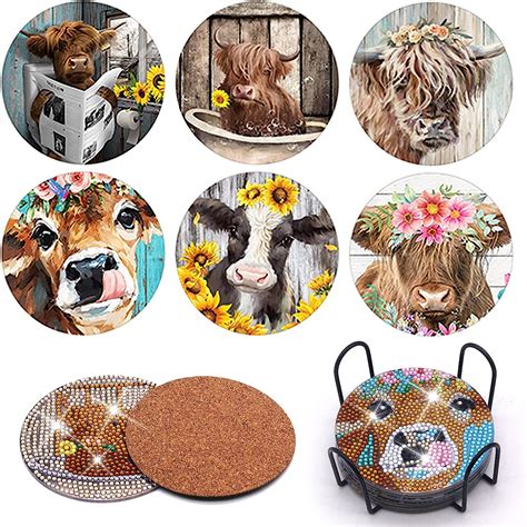 Amazon 6PCS Diamond Painting Coaster With Holder Farmhouse Cow