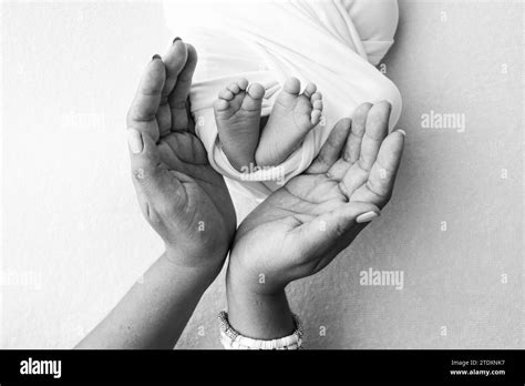 The Palms Of The Parents Father And Mother Hold The Legs Feet Of