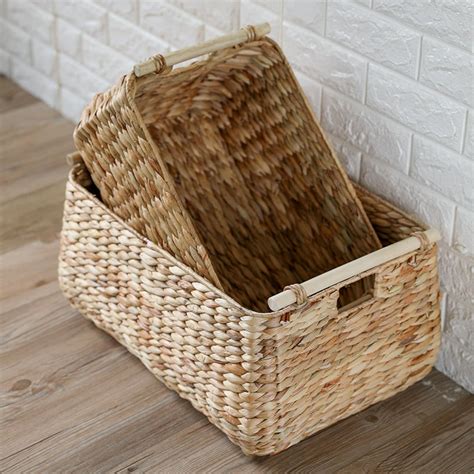 Rustic Rectangular Straw Basket With Wood Handles Laundry Etsy