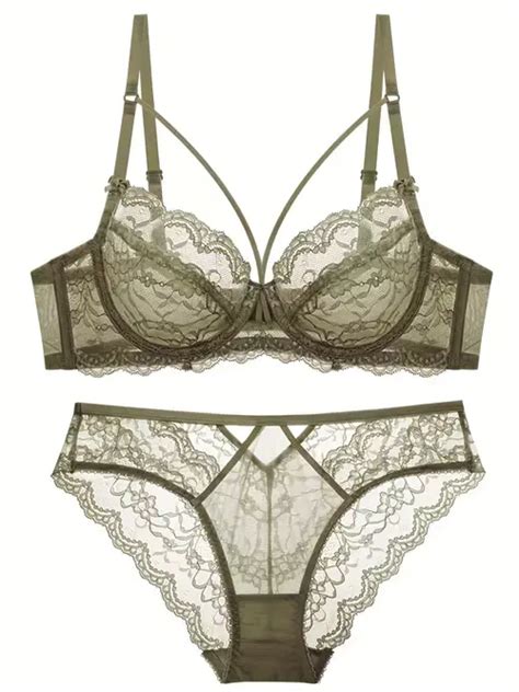 Plus Size Contrast Lace Semi Sheer Bra Panties Set Womens Temu