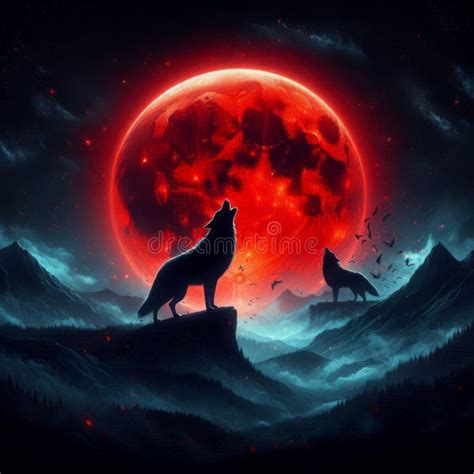 Blood Red Full Moon With Howling Wolf In Black Night Sky For Halloween