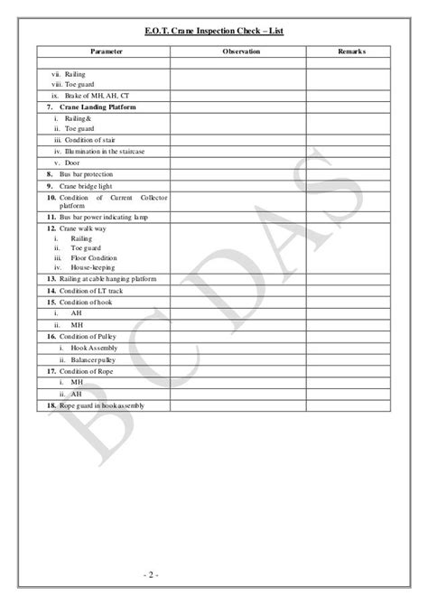 Eot Crane Inspection Check List Helpful For Safety Officers During I