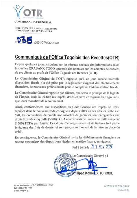 Rappel L Ordre De L Office Togolais Des Recettes Otr L Attention