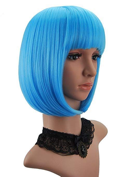 Enilecor Short Bob Hair Wigs 12 Straight With Flat Bangs Synthetic Colorful Cosplay Daily Party