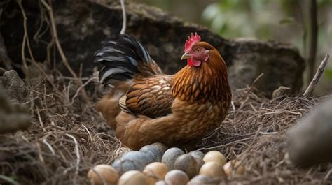 Una Gallina Se Sienta En Un Nido Con Huevos Foto Premium