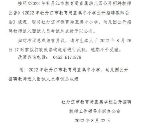 2022黑龙江牡丹江市教育局直属中小学、幼儿园公开招聘教师考试总成绩公布