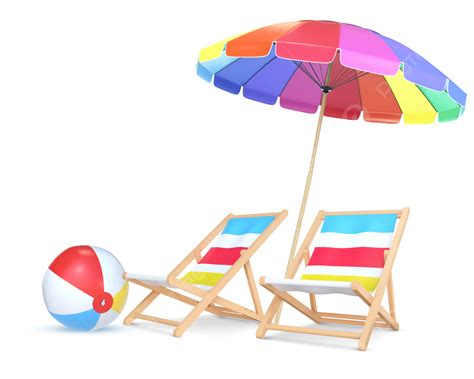 D Rendering Summer Colorful Beach Umbrella Chairs And Ball Summer