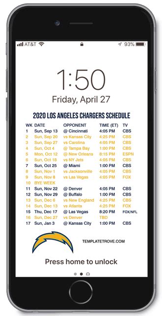 2020 2021 Los Angeles Chargers Lock Screen Schedule For Iphone 6 7 8 Plus