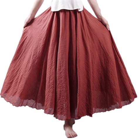 Casual Solid Women Linen Cotton Long Skirts Elastic Waist Pleated Maxi