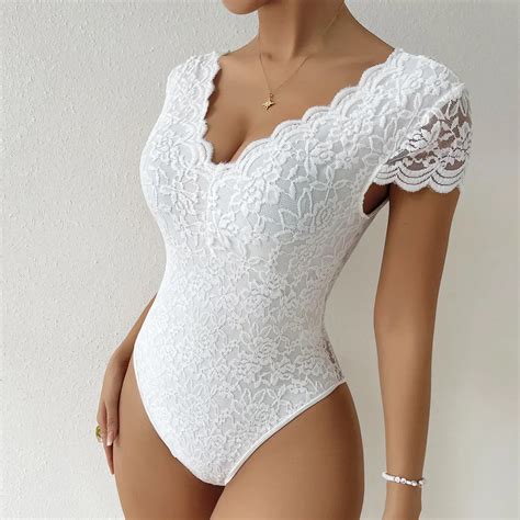 Sexy V Neck Backless Bodysuits Solid White Lace Body Feminino Short