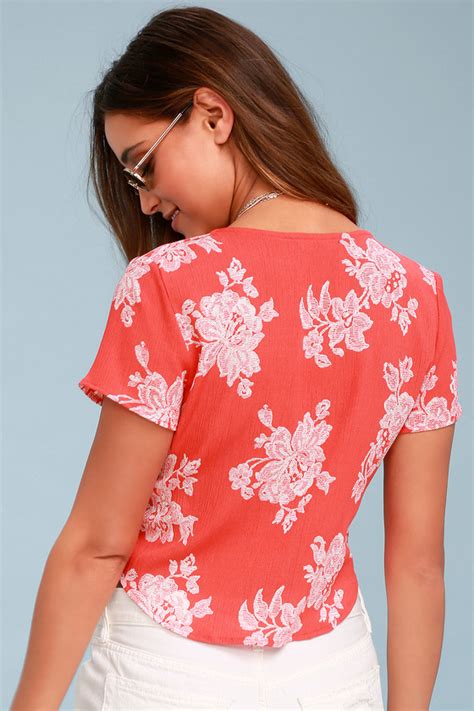 Cute Coral Red Floral Print Top Crop Top Tie Front Top