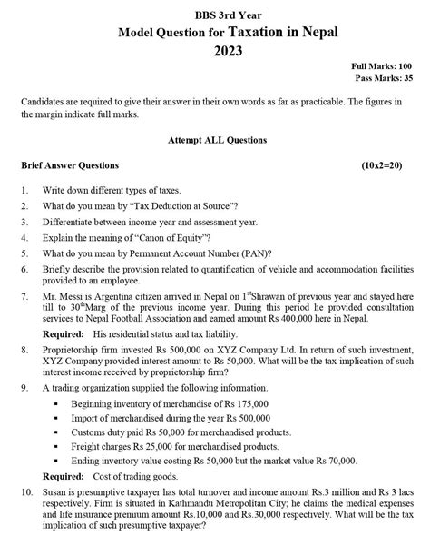 BBS Third Year Taxation In Nepal Model Question 2080 Edusanjal