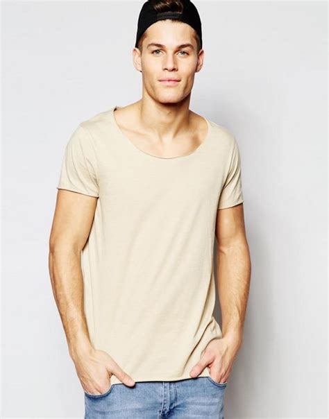 Asos Longline T Shirt With Scoop Neck And Raw Edge In Sand Asos Cool Outfits For Men Shirts