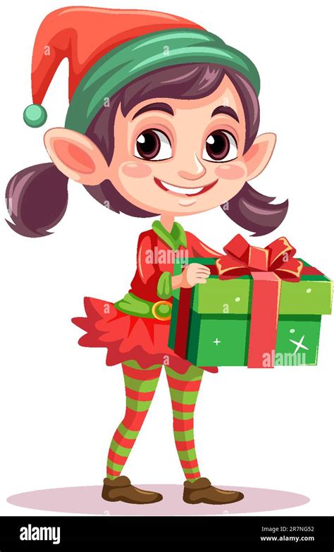 Elf Girl Cartoon Christmas Character Holding Gift Illustration Stock