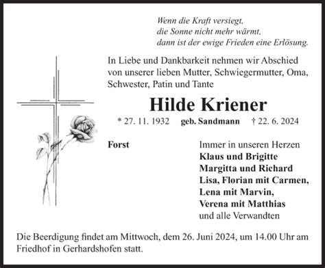 Traueranzeigen Von Hilde Kriener Trauer Flz De