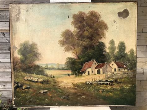 TABLEAU ANCIEN HUILE sur toile XIXe Paysage de Campagne Signé ROBIN EUR