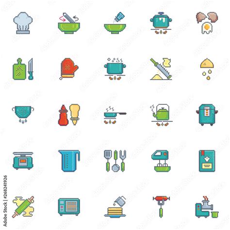 Pixel Art Icon Kitchen Utensil Vector Set Cooking And Kitchen Sign For