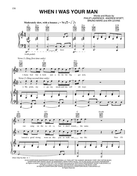 When I Was Your Man Sheet Music Bruno Mars Piano Vocal And Guitar