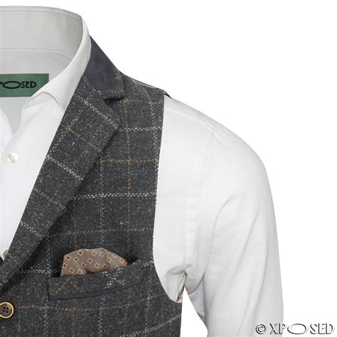 Para Hombre Chaleco Mezcla De Lana Espiga Tweed Cuadros Chaleco Cuello