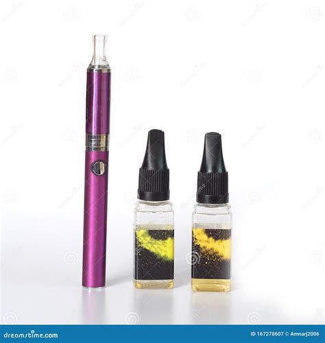 E Cigarette ,vaping Devices And Bottles With Vape Liquid On White Stock ...