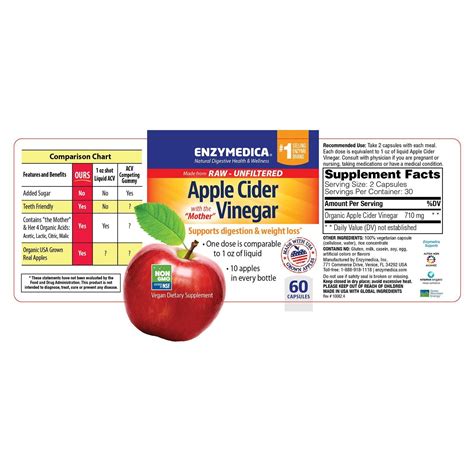 Enzymedica Apple Cider Vinegar 60 Capsules Promotes Healthy Weight Loss Vegan 670480100820 Ebay