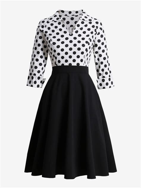 Robe Vintage Année 50s Femme Col Revers Avec Manches Mi Longues Coupe