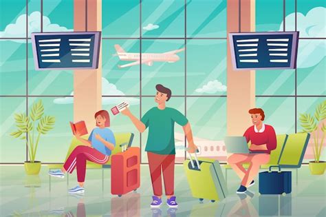 Premium Vector Airport Interior With Passengers Concept In Flat Cartoon Design Travelers With