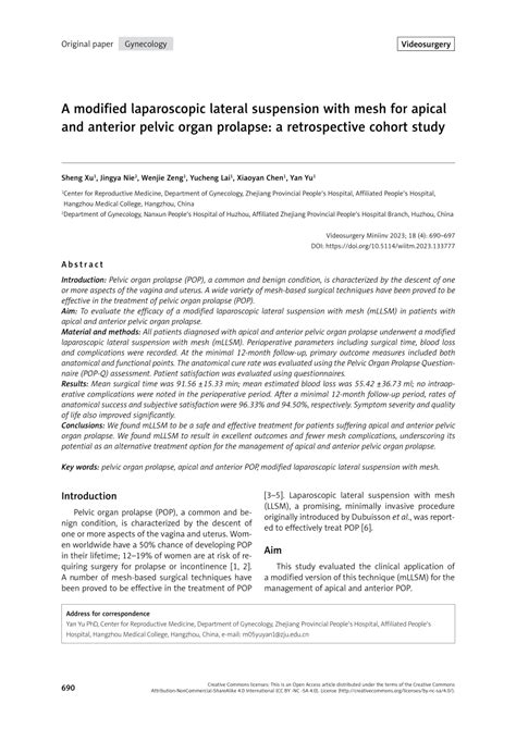 Pdf A Modified Laparoscopic Lateral Suspension With Mesh For Apical And Anterior Pelvic Organ