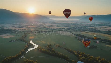 Colored Hot Air Balloons Float Over A Beautiful Landscape Stock Image