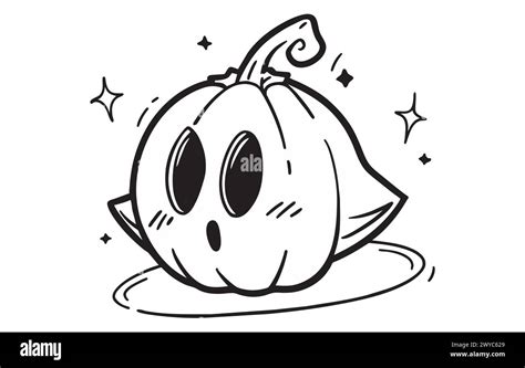 Cartoon pumpkin drawing with sparkling eyes. Simple line art of a cute ...