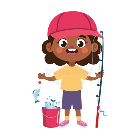 Girl Fishing With Fishing Rod And Bucket Stock Illustration