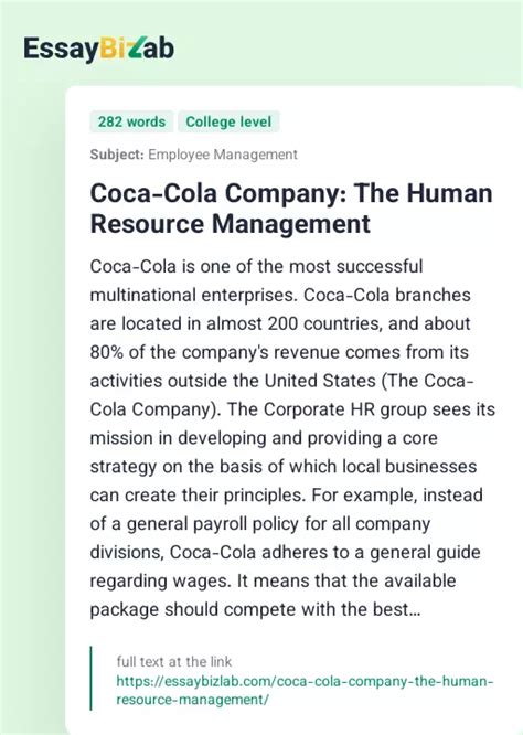 Coca Cola Company The Human Resource Management Business Essay Example