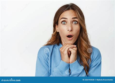 Close Up Portrait Of Impressed Brunette Woman Surprised Female Model
