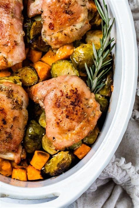 One Pot Baked Chicken Thighs With Brussels And Sweet Potato Recipe Skinny Taste Recipes