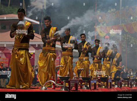 The Image Of Ganga Aarti At Ghats Or Holy Steps Of Varanasi Ganges