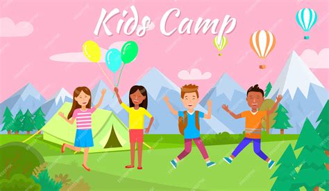 Детский лагерь Горизонтальный баннер Happy Kids Camping | Премиум векторы