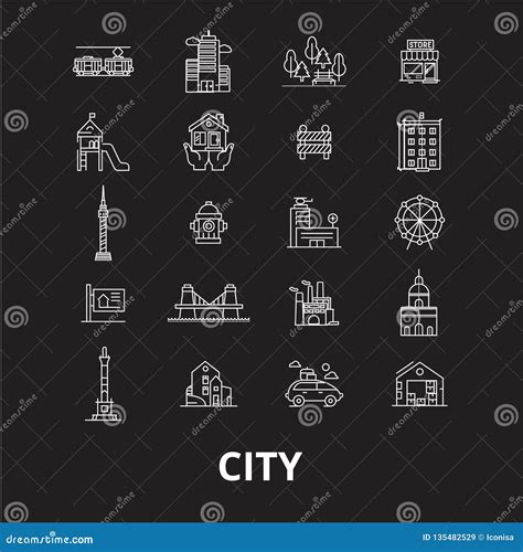 City Editable Line Icons Vector Set On Black Background City White