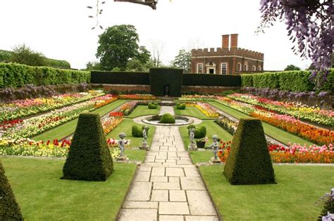 One of the sunken gardens at Hampton Court Palace. In the background is William III's B ...