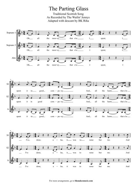 The Parting Glass Arr Bk Riha Brandy Kay Riha By The Wailin Jennys Sheet Music For Ssa