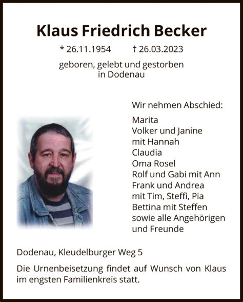 Traueranzeigen Von Klaus Friedrich Becker Trauer Hna De