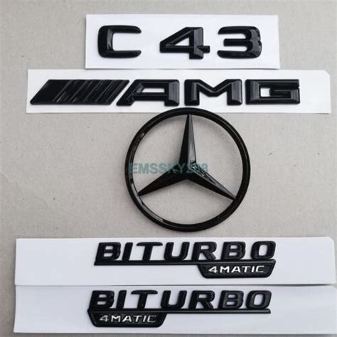 GLOSS BLACK REAR BADGES EMBLEMS FOR MERCEDES C CLASS W205 SALOON C43