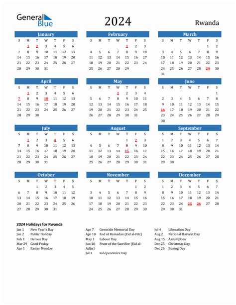 2024 Rwanda Calendar with Holidays